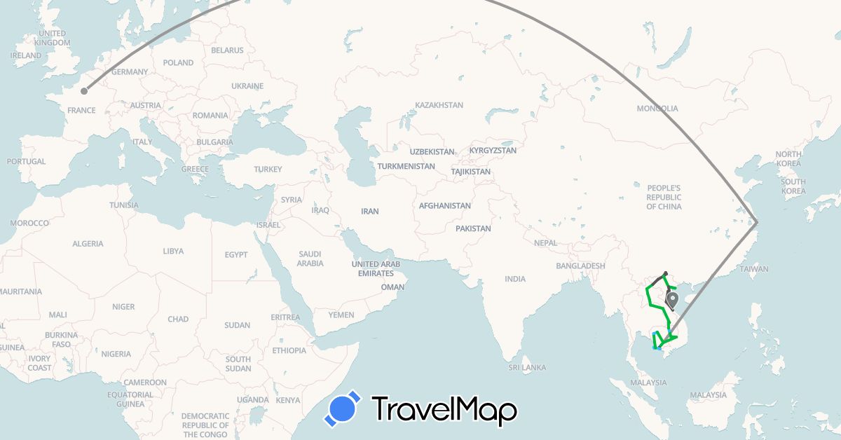 TravelMap itinerary: driving, bus, plane, boat, motorbike in China, France, Cambodia, Laos, Vietnam (Asia, Europe)